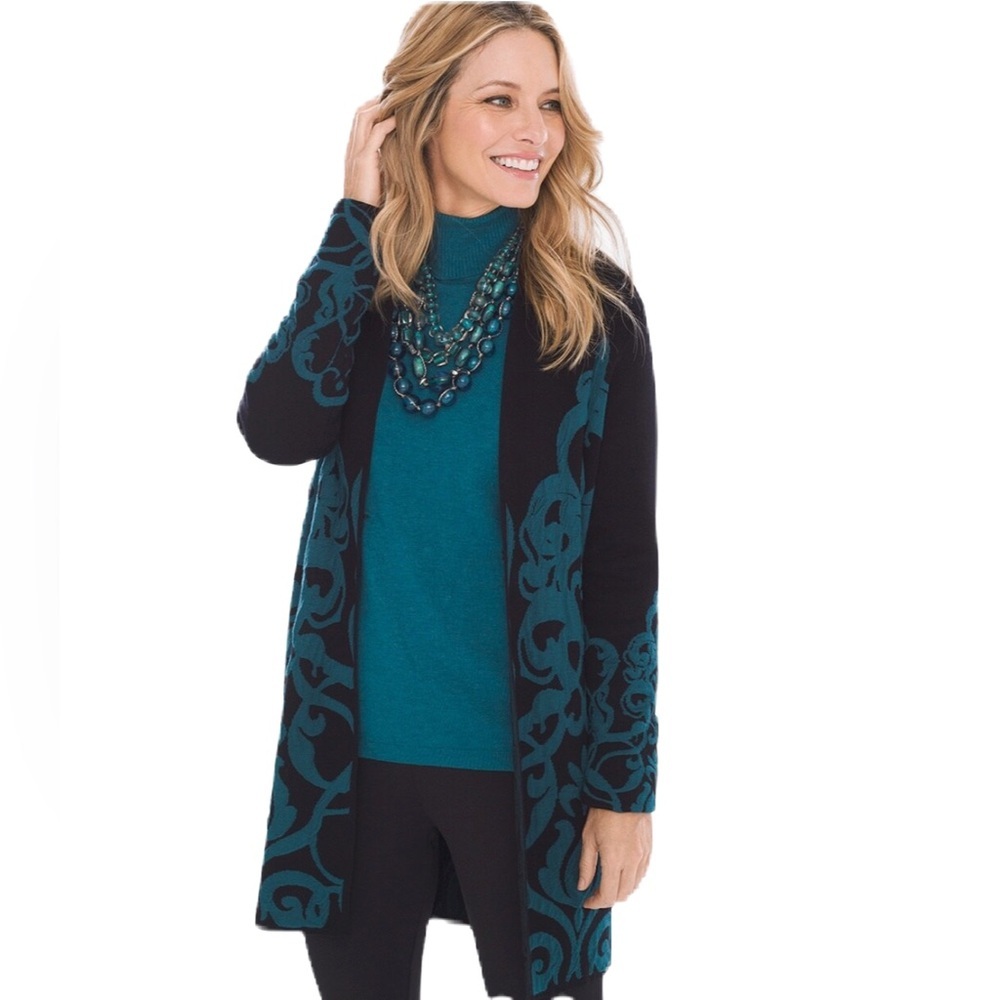 Chico’s Size 3 Open-Front Jacquard Cardigan Black Teal Thick Knit Chicos Size XL